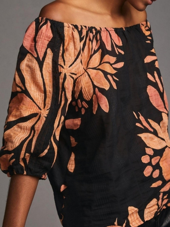 Anthropologie Off Shoulder Blouse with Black And Rust Floral Print - Picture 3 of 9